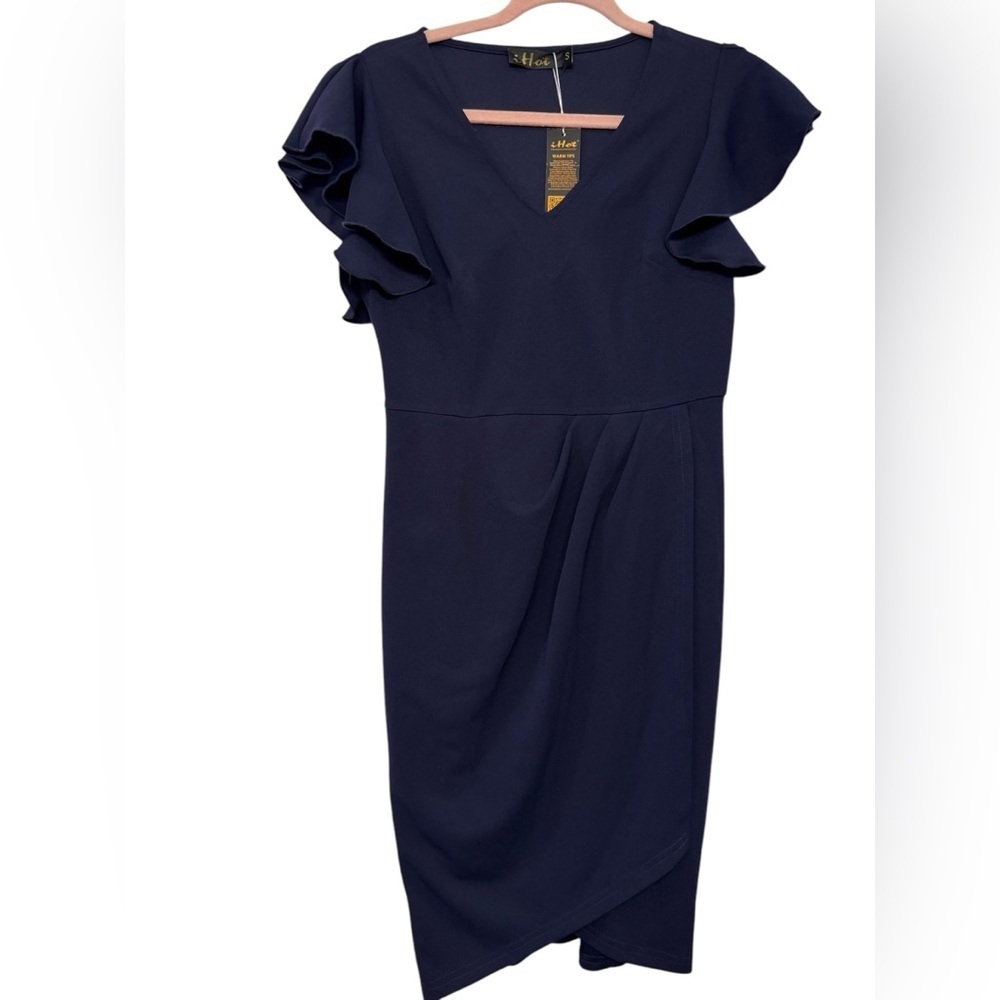 iHot Faux Wrap Ruched Front Ruffle Sleeve Dress - Picture 4 of 9